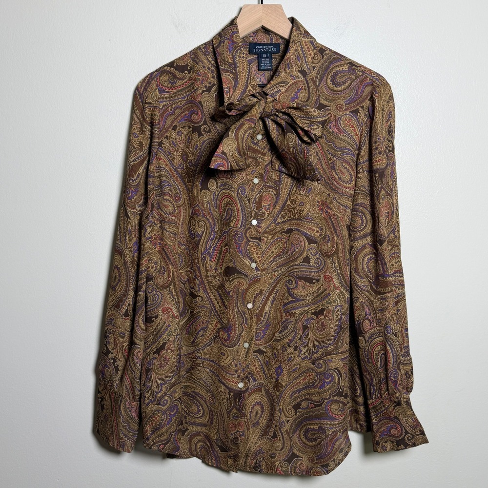 Jones New York Signature Women Silk Blouse 1X Brown Paisley Bow Cowgirl Academia